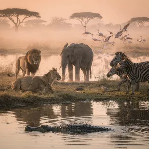 A misty dawn at an African savanna watering hole where elephants, lions, and zebras coexist in tense harmony, with a crocodile partially submerged in the foreground and flamingos taking flight in the background, golden hour lighting. - Black Forest Labs FLUX.2 Max