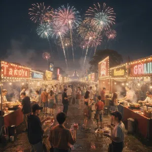 A nighttime festival with fireworks in the sky, food stalls lined up, and crowds mingling. - Black Forest Labs FLUX.2 Max
