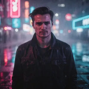 A nighttime portrait of a man lit by neon signs on a city street. - Black Forest Labs FLUX.2 Max