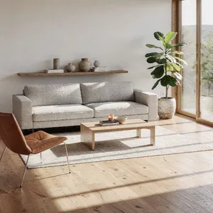 A photorealistic interior of a modern Scandinavian-style living room with natural light streaming through floor-to-ceiling windows. Show detailed wood textures, fabric materials, and proper light reflections. - Black Forest Labs FLUX.2 Max