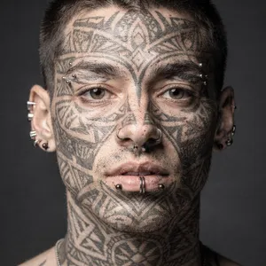A portrait of a person with elaborate facial tattoos and piercings, shown in sharp detail. - Black Forest Labs FLUX.2 Max