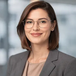 A professional headshot of a businesswoman wearing glasses, against a blurred background. - Black Forest Labs FLUX.2 Max