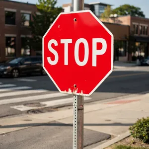 A red stop sign on a street corner displaying the word 