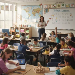 A school classroom of children and a teacher, each student engaged in a different activity. - Black Forest Labs FLUX.2 Max