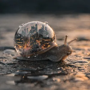 A snail whose shell contains a miniature city skyline, depicted in a hyperrealistic macro photography style with intricate architectural details and ambient lighting. - Black Forest Labs FLUX.2 Max
