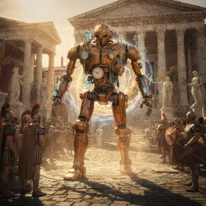 A steampunk robot time-traveling in ancient Rome, depicted in a detailed cinematic style that blends historical accuracy with copper and brass retrofuturistic aesthetics. - Black Forest Labs FLUX.2 Max