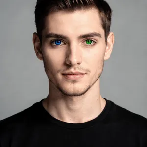 A studio headshot of a young man with one blue eye and one green eye (heterochromia). - Black Forest Labs FLUX.2 Max