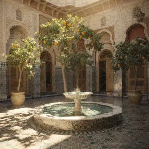 A traditional Moroccan riad courtyard with detailed zellige tilework, flowing fountain, citrus trees, and ornate woodwork. Morning light casting intricate shadow patterns. - Black Forest Labs FLUX.2 Max