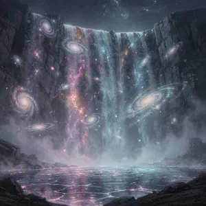 A waterfall that pours out stars and galaxies instead of water, illustrated in a cosmic fantasy style with vibrant space colors and dramatic lighting effects. - Black Forest Labs FLUX.2 Max