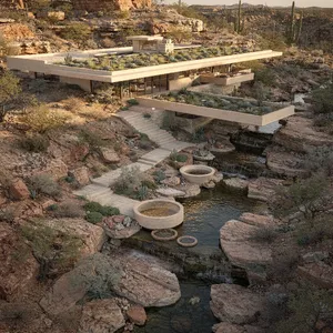 Aerial view of a modernist desert home, in the style of Frank Lloyd Wright's Fallingwater but adapted to desert conditions. Show integration with rocky landscape and water features. - Black Forest Labs FLUX.2 Max