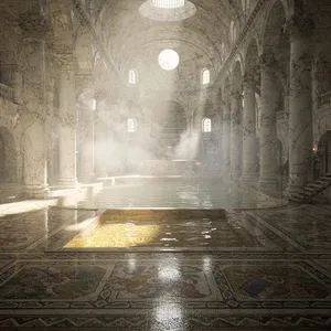 An ancient Roman bathhouse interior with accurate architectural details - marble columns, mosaic floors, arched ceilings, and steam rising from pools. Natural light from oculus openings. - Black Forest Labs FLUX.2 Max