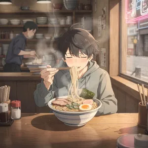 An anime scene of a character eating ramen at a small shop counter (slice-of-life style). - Black Forest Labs FLUX.2 Max