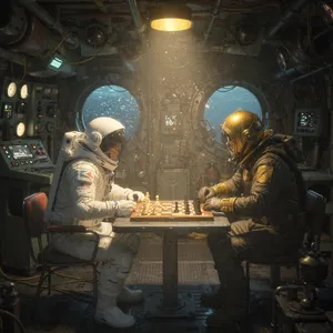 An astronaut and a deep-sea diver playing chess together inside a submarine. - Black Forest Labs FLUX.2 Max