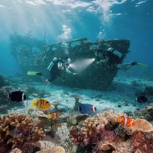An underwater scene with scuba divers exploring a coral reef alongside colorful fish and a sunken ship. - Black Forest Labs FLUX.2 Max