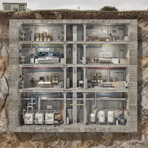 Cross-section rendering of a multi-level underground bunker with different functional areas, structural support systems, ventilation, and power generation facilities visible. - Black Forest Labs FLUX.2 Max