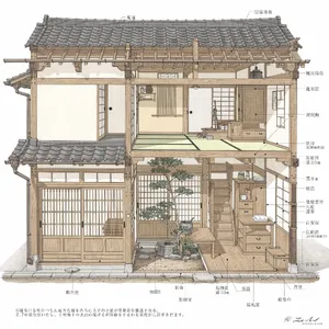 Cutaway architectural drawing of a traditional Japanese machiya townhouse showing all rooms and structural elements. Include accurate proportions, traditional joinery, and typical spatial organization. - Black Forest Labs FLUX.2 Max