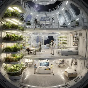 Interior of a futuristic space habitat with hydroponics gardens, communal areas, and living quarters. Show curved walls, artificial gravity considerations, and multipurpose furniture designs. - Black Forest Labs FLUX.2 Max