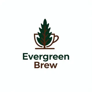 Minimalist logo for a sustainable coffee brand 'Evergreen Brew', single leaf motif, clean lines, vector style, white background. 'Evergreen Brew' contained as text in logo - Black Forest Labs FLUX.2 Max