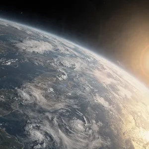 Photorealistic aerial photograph clearly showing the edge of the Earth from space, capturing realistic curvature, atmosphere, and sunlight reflections - Black Forest Labs FLUX.2 Max