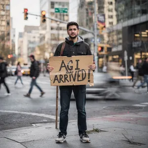 Photorealistic daytime street photograph, clearly showing a man standing still on a busy urban street corner holding a rectangular cardboard sign clearly facing camera, handwritten bold black marker text clearly readable as 