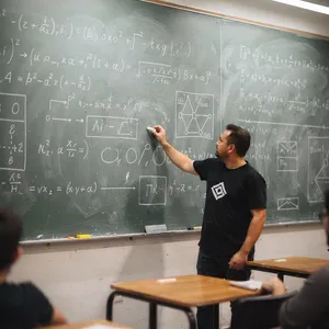 Photorealistic depiction of a man wearing a clearly visible black OpenAI-branded T-shirt. He is standing at the front of a university lecture hall, writing complex mathematics and AI-related equations across a large, dusty chalkboard filled with notation - Black Forest Labs FLUX.2 Max