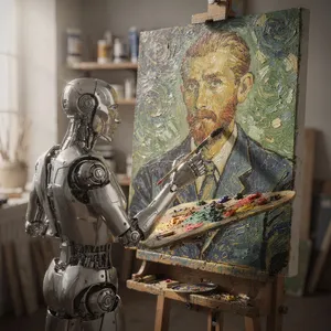 Photorealistic image of a robot painting a realistic self-portrait (i.e. the robot) on canvas, mimicking Van Gogh’s art style; clear, realistic metallic textures and painting details visible - Black Forest Labs FLUX.2 Max