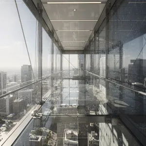 Photorealistic rendering of a contemporary glass skybridge between two skyscrapers, seen from inside with city views visible through glass walls and floor. Show accurate reflections and structural details. - Black Forest Labs FLUX.2 Max