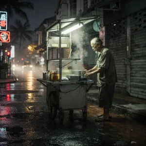 Rain-slicked Singapore street, 3 AM. A lone elderly hawker cleans his cart under one flickering fluorescent light. Steam rises gently. Low-angle shot, photorealistic - Black Forest Labs FLUX.2 Max