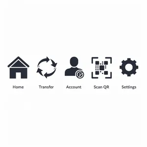 Set of 5 consistent flat design icons for a mobile banking app: 'Home', 'Transfer', 'Account', 'Scan QR', 'Settings'. Monochrome dark blue. - Black Forest Labs FLUX.2 Max