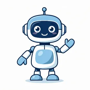 Simple flat vector mascot: friendly smiling robot character 'HelperBot', approachable design, primarily blue and white. - Black Forest Labs FLUX.2 Max