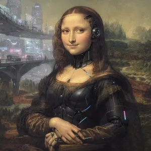 The Mona Lisa reimagined as a futuristic android, rendered in a digital art style that preserves Da Vinci's composition while incorporating sleek cyberpunk aesthetics and technological elements. - Black Forest Labs FLUX.2 Max