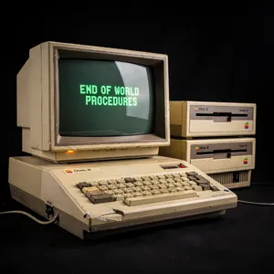 Vintage Apple II computer with green monochrome CRT screen, displaying 'END OF WORLD PROCEDURES' in green text. Two external floppy drives stacked on the right, labeled disk II with rainbow Apple logos. Beige casing, black background, retro aesthetic. - Black Forest Labs FLUX.2 Max
