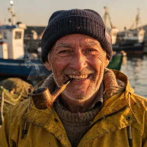 A 4K photo of an old fisherman with a weathered face and a pipe, grinning. - Black Forest Labs Flux 2 Pro