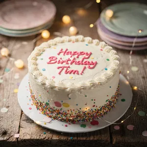 A birthday cake with icing that spells 