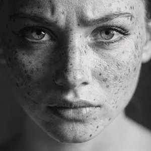 A black and white close-up portrait of a freckled woman with an intense gaze. - Black Forest Labs Flux 2 Pro
