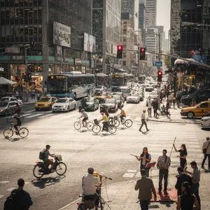 A busy city intersection with cars, pedestrians, and street performers all in one frame. - Black Forest Labs Flux 2 Pro