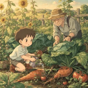 A child and elder tending oversized vegetables in a garden. Reproduce the artistic style of Studio Ghibli, with their distinctive character proportions and detailed plant illustrations. - Black Forest Labs Flux 2 Pro