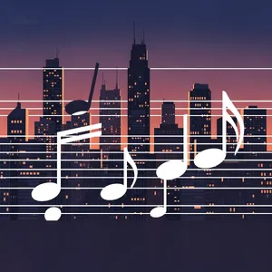 A city skyline that forms the shape of musical notes on a staff, created in a stylized graphic design aesthetic with clean architectural lines and dramatic twilight colors. - Black Forest Labs Flux 2 Pro