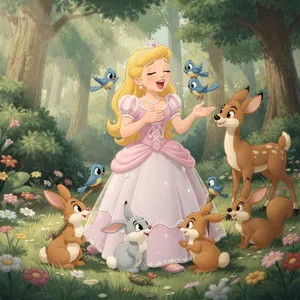 A classic Disney-like 2D cartoon princess singing with animals in a forest. - Black Forest Labs Flux 2 Pro
