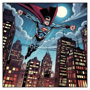 A comic-book style superhero flying over a city at night, with halftone shading. - Black Forest Labs Flux 2 Pro