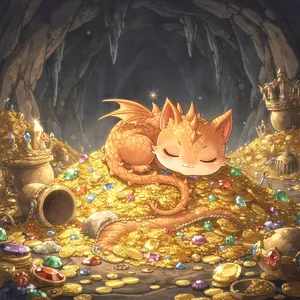 A cute chibi-style dragon sleeping on a pile of gold. - Black Forest Labs Flux 2 Pro
