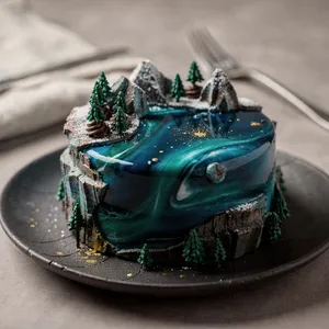 A dessert cake that looks like a tiny planet, complete with miniature trees and mountains, photographed in a professional food photography style with tilt-shift focus effect. - Black Forest Labs Flux 2 Pro