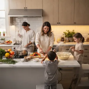 A family cooking together in a kitchen, each person busy with a different task. - Black Forest Labs Flux 2 Pro