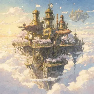A floating steampunk castle in the sky with intricate mechanical gears and cherry blossom trees, illustrated in Hayao Miyazaki's Castle in the Sky (1986) art style with watercolor textures and detailed line work. - Black Forest Labs Flux 2 Pro