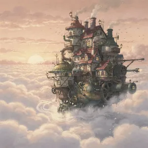 A flying castle floating in clouds at sunrise. Match the visual aesthetic of 'Howl's Moving Castle' by Studio Ghibli, with Miyazaki's blend of steampunk elements and fantasy. - Black Forest Labs Flux 2 Pro