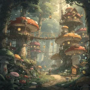 A forest of giant mushrooms with houses built on top of them, rendered in a whimsical Studio Ghibli-inspired art style with vibrant colors and fantastical details. - Black Forest Labs Flux 2 Pro