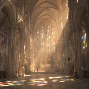 A Gothic cathedral interior at sunset with light streaming through detailed stained glass windows, creating colored patterns on stone floors and columns. Show accurate ribbed vaulting. - Black Forest Labs Flux 2 Pro