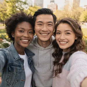 A group selfie of three friends of different ethnic backgrounds smiling at the camera. - Black Forest Labs Flux 2 Pro
