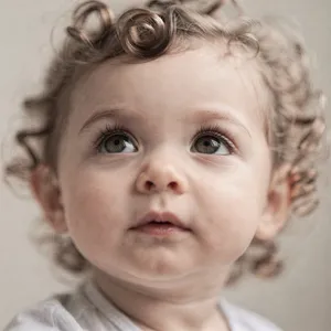 A hyper-realistic photo of a toddler with curly hair and big eyes, looking upward. - Black Forest Labs Flux 2 Pro
