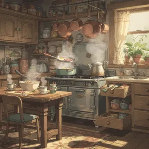 A kitchen with magical cooking implements preparing breakfast. Duplicate the artistic style of Studio Ghibli's domestic scenes, with Miyazaki's detailed settings and warm lighting. - Black Forest Labs Flux 2 Pro